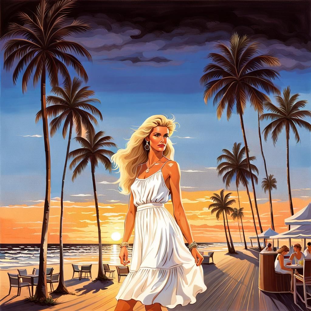 80s Mall Girl on Tropical Beach at Sunset
