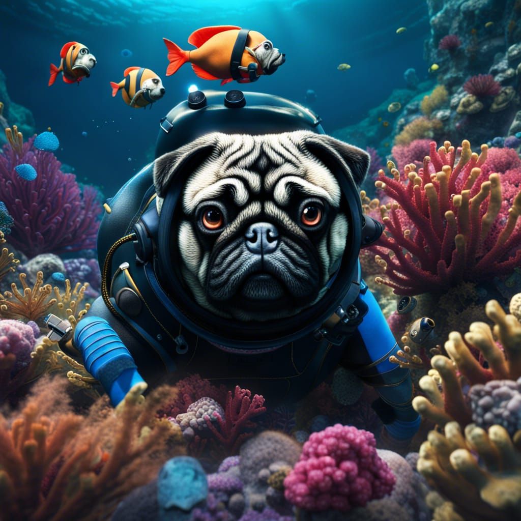 Hyperrealistic Pug Scuba Diver in Coral Reef