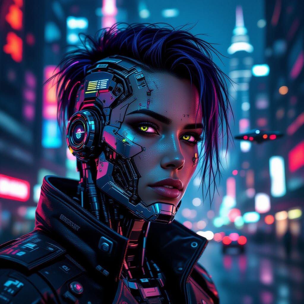 Cyberpunk Cyborg with Neon City Reflections