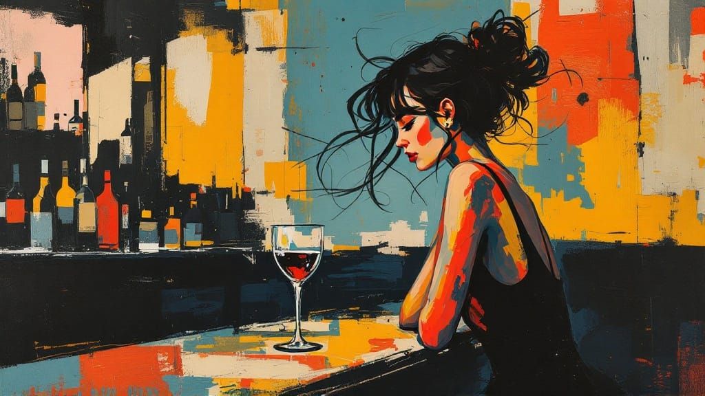 Expressive Woman in a Bar, Fusing Gestural Brushwork and Str...