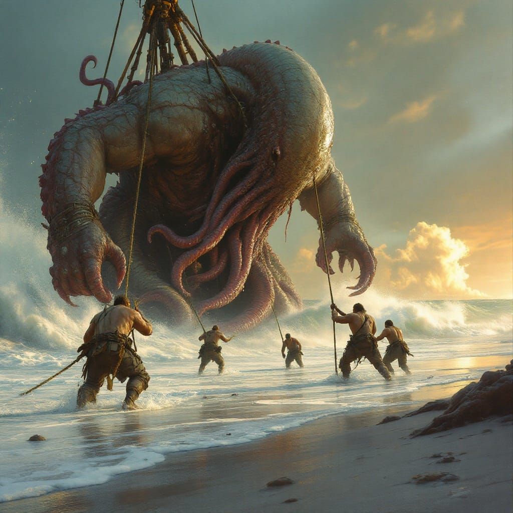 Gargantuan Kraken Hauled Out to Sea