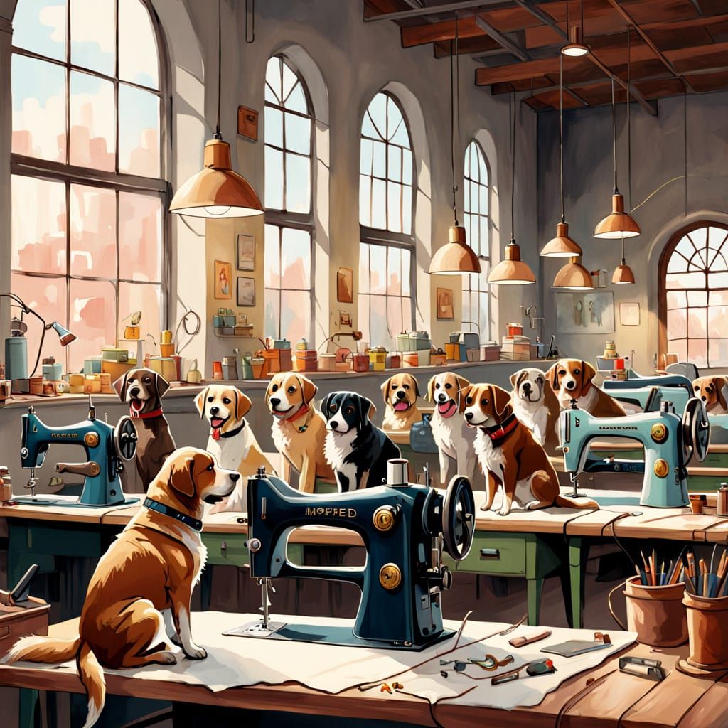 Dogs in Terra Uniforms Work in Cozy Industrial Sewing Worksh...