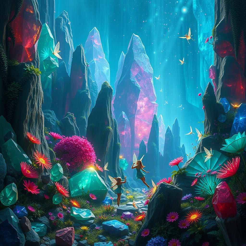 Vibrant Gemstone Realm of Whimsical Fairies