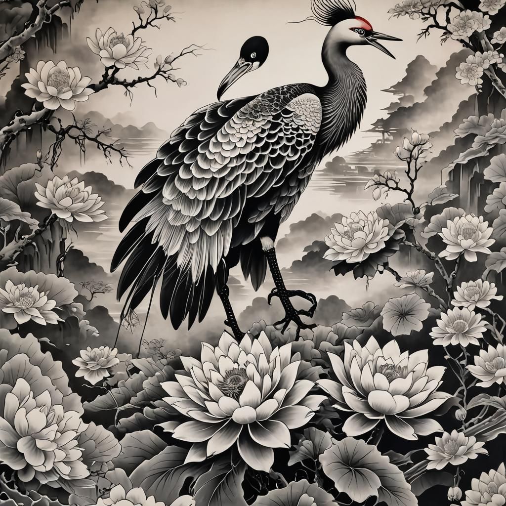 Crane, Koi, Lotus Tattoo Sleeve in Japanese Style