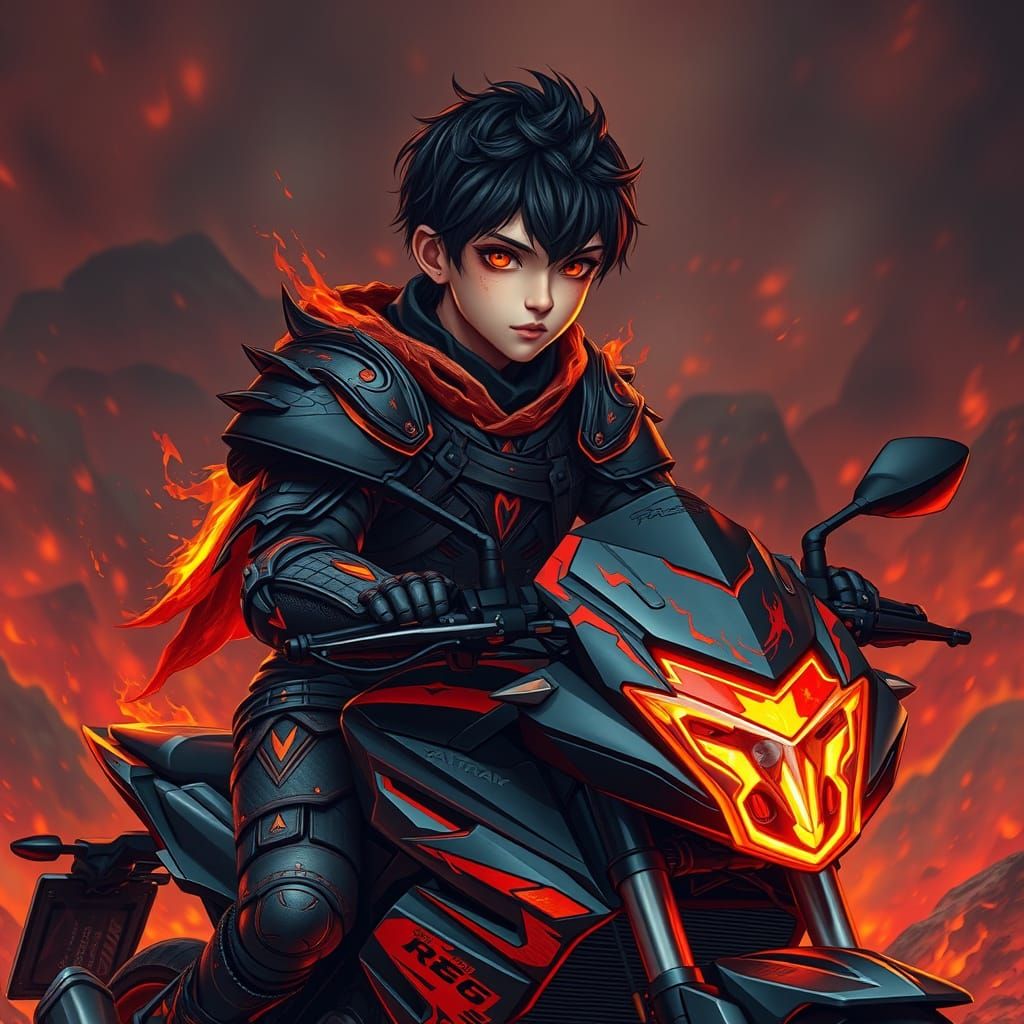 Hyper Realistic Fire Being on Lava Yamaha R6 Motorcycle