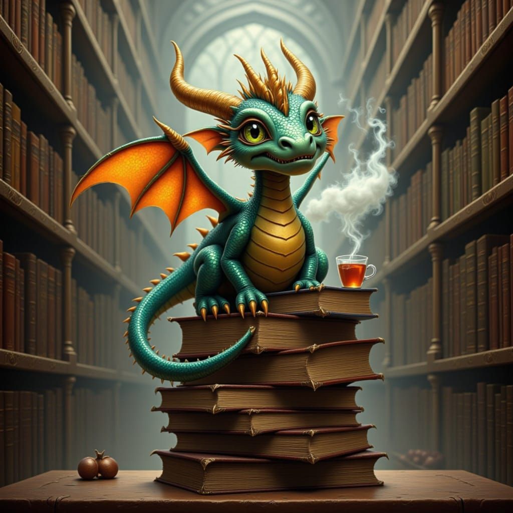 Clockwork Dragon Breathes Tea Among Vintage Books