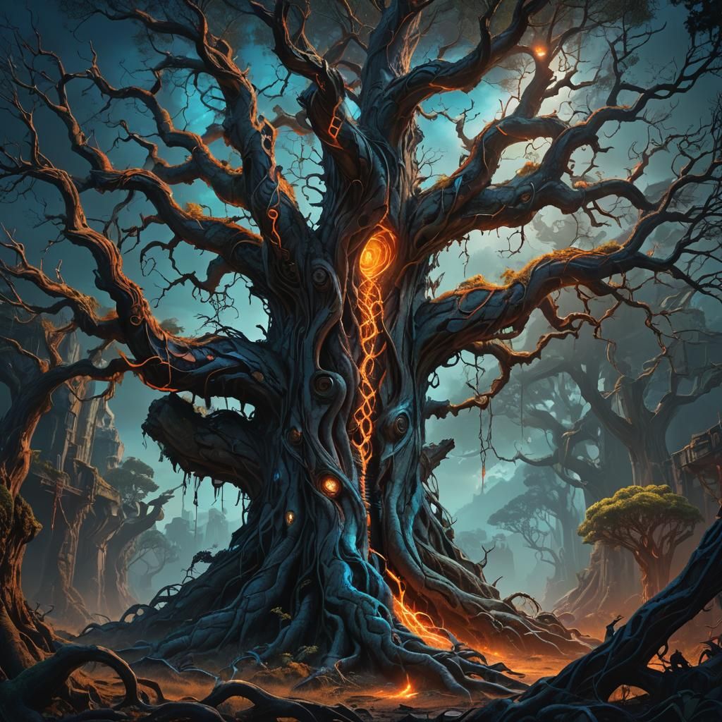 Ancient Tree Split by Zipper in Dark Fantasy Art