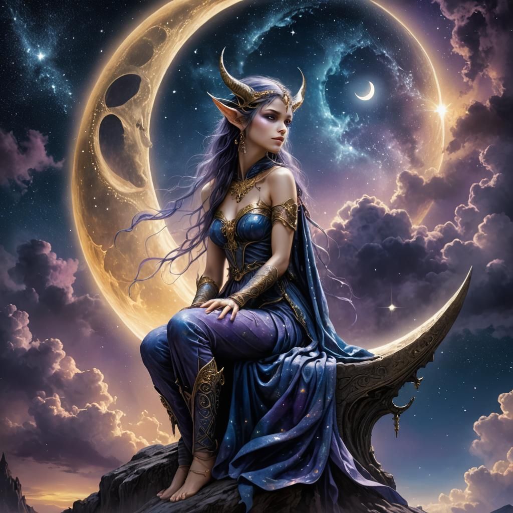 Elf on Crescent Moon Fantasy Illustration
