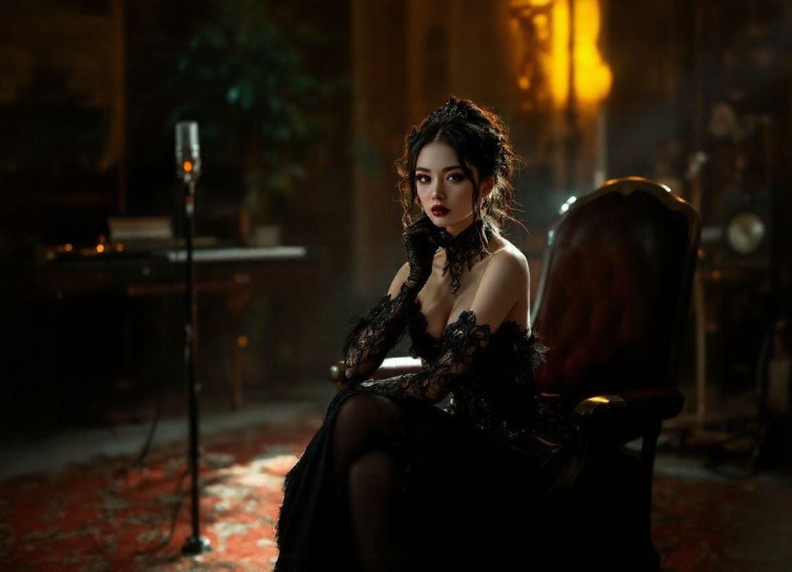 Elegant Japanese Woman in Gothic Style Studio