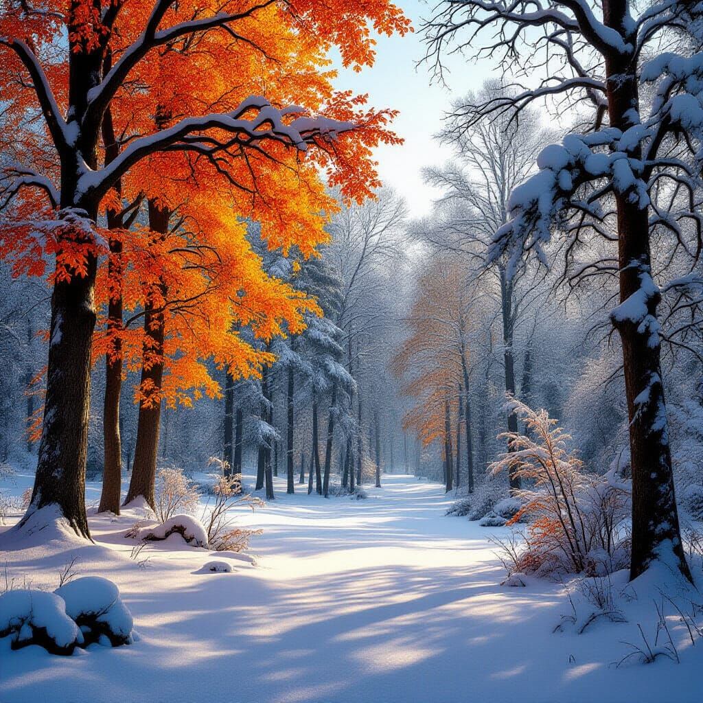 Autumn Leaves and Snowfall in a Photorealistic Forest