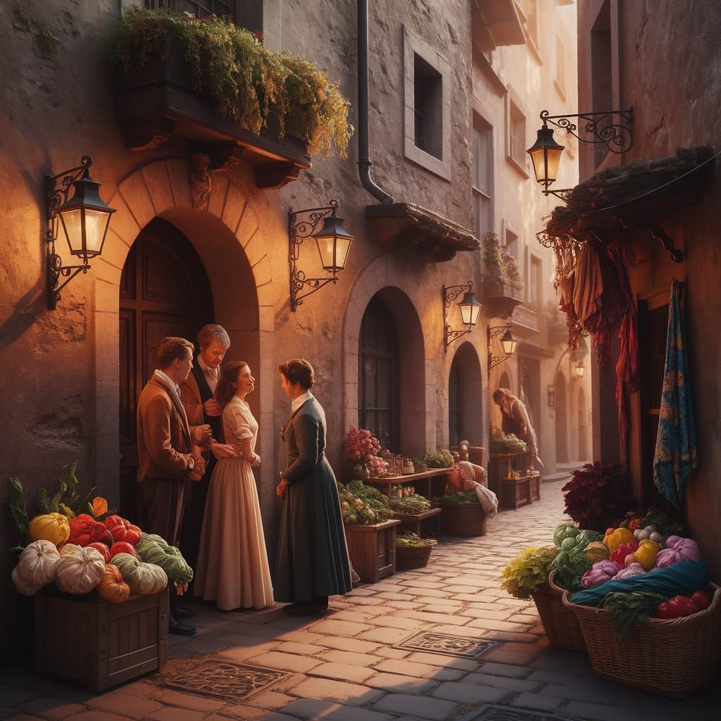 Medieval Alleyways with Lanterns and Rustic Inn