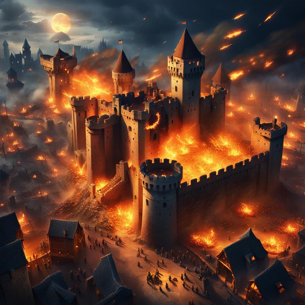 Medieval Castle Siege at Night: Fantasy Art
