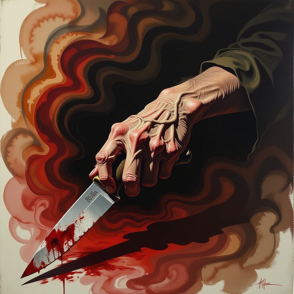 Gouache Painting: Withered Hand with Bloodstained Knife