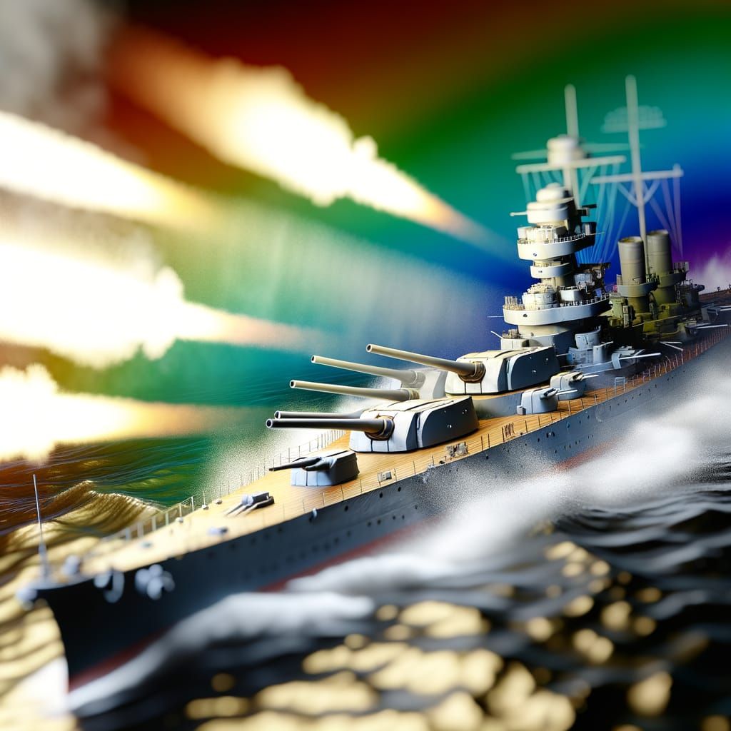 WWII Yamato Battleship Firing All Guns in Splash Art Style