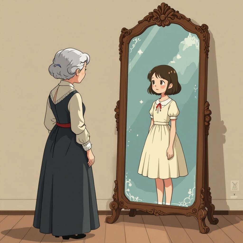 Old Woman Sees Young Girl Reflection in Mirror