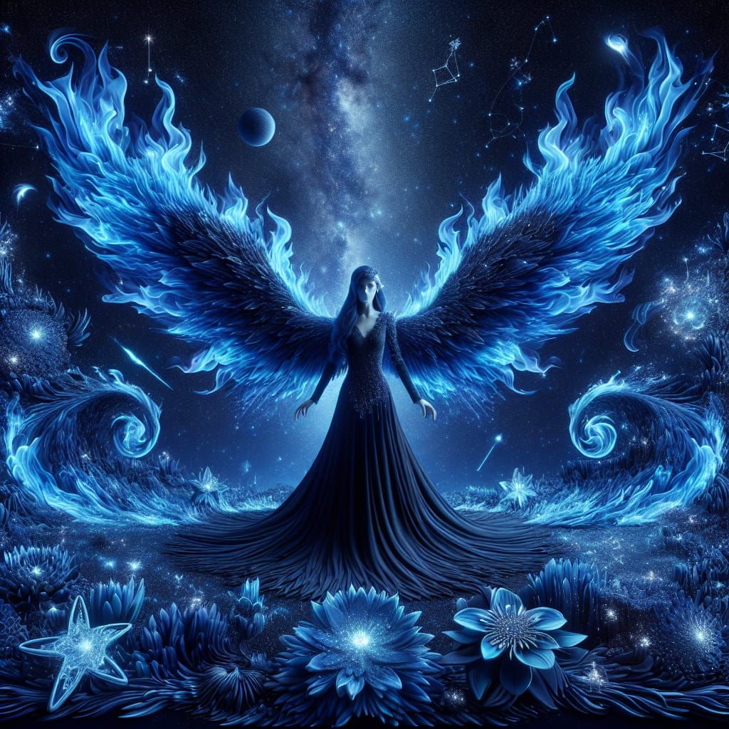 Sapphire Flame Winged Woman in Cosmic Galaxy