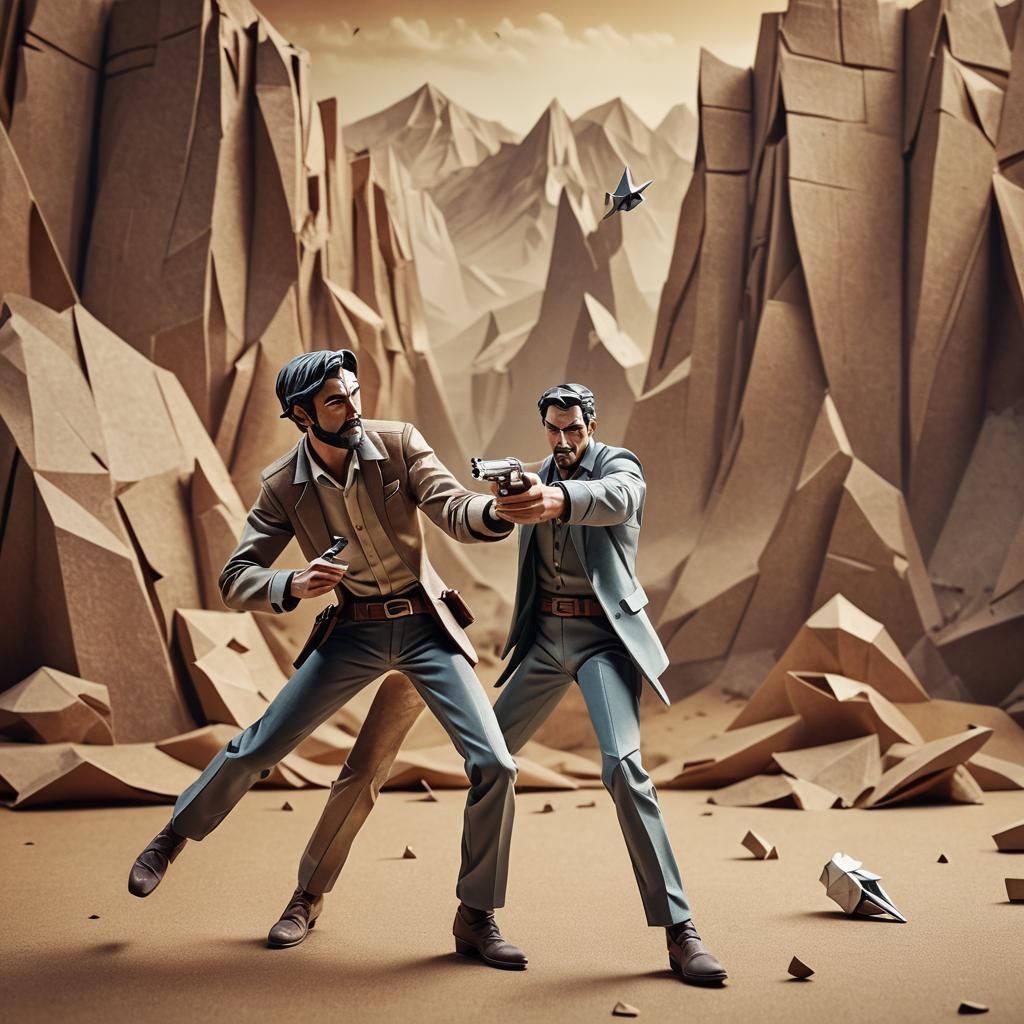 Western Gunslinger with Prosthetic Arm in Origami Style