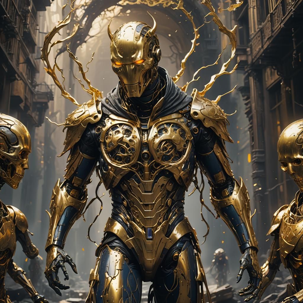 Golden Faceless Humanoid: Detailed Matte Painting