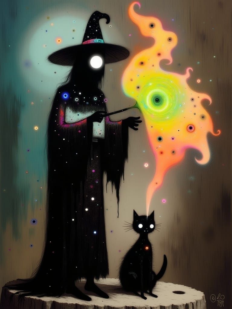 Halloween Witch and Cat Casting Spell