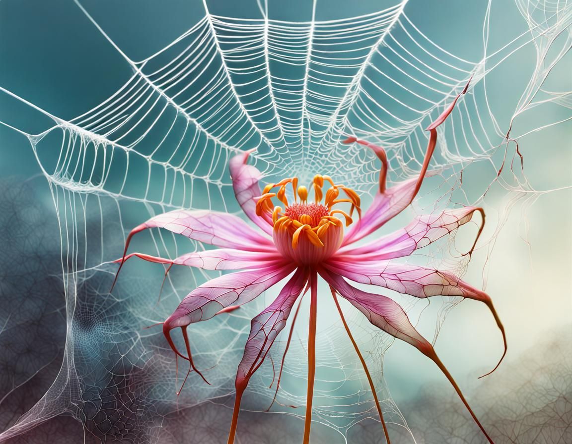 Blooming Flower with Spider Silk: Double Exposure Art