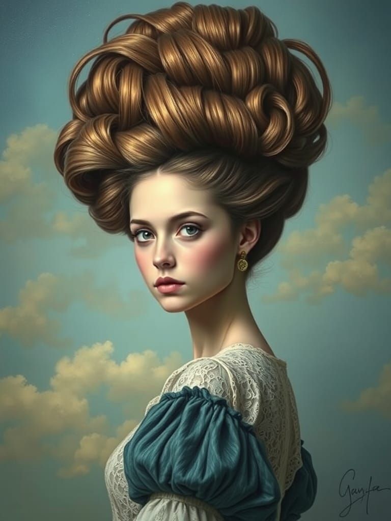 Surreal Portrait with Beehive Hairdo in Pop-Surrealist Style