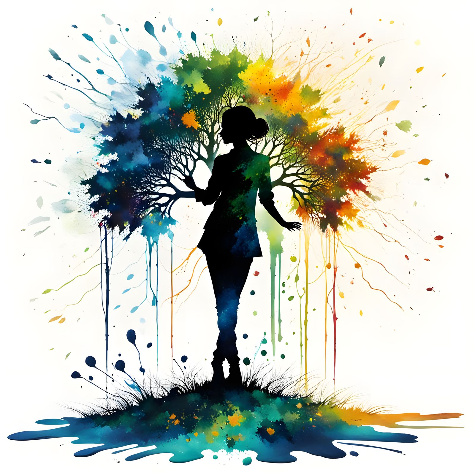 Vibrant Ink Splatter Art: Woman and Tree