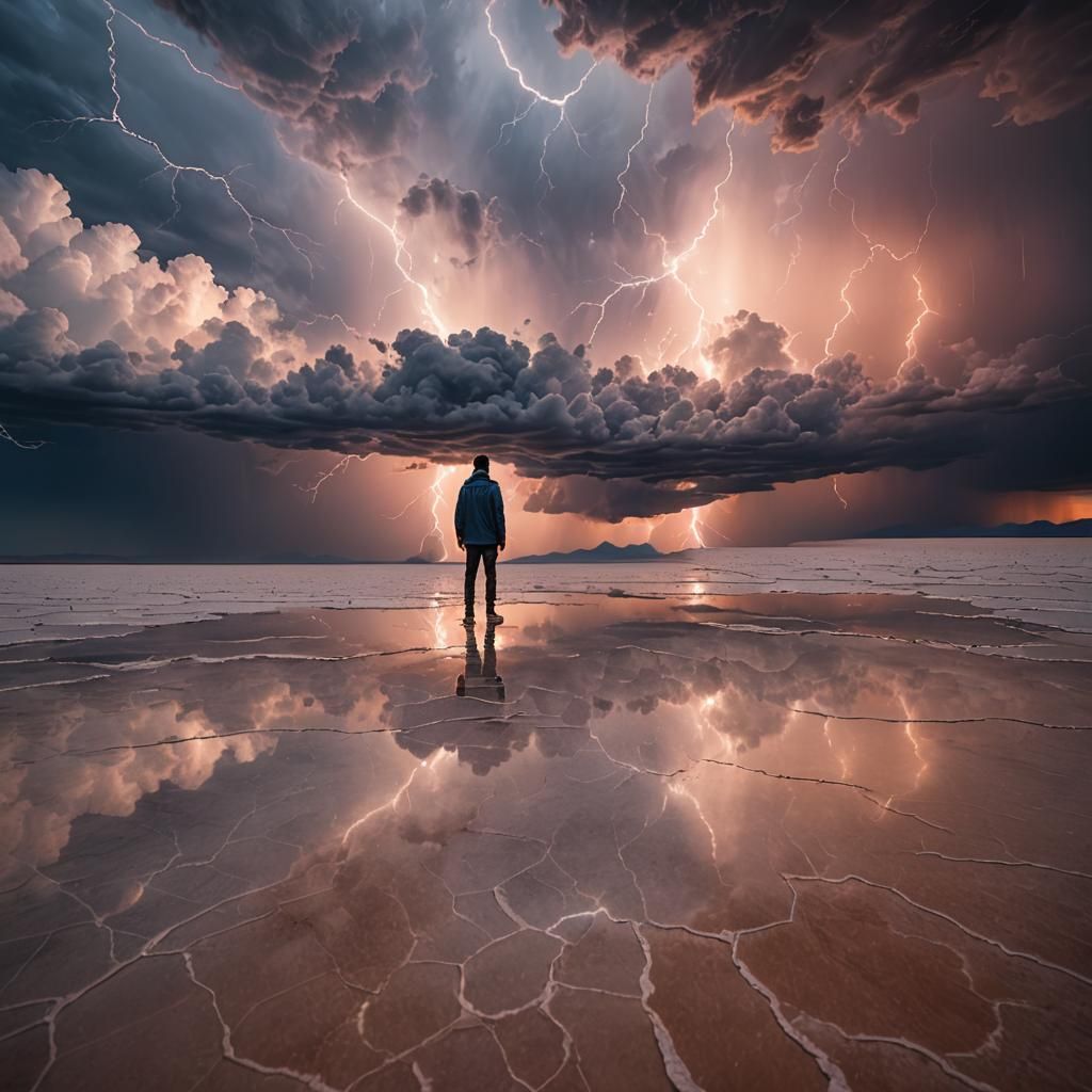 Dramatic Night Mirror Salt Flats Scene in Hyper-Realistic Di...