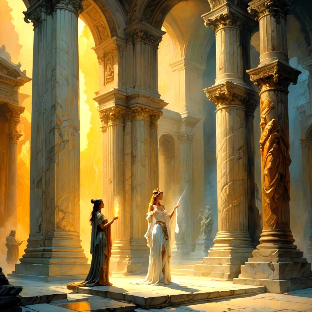 Fantasy Maiden and Wizard Woodblock Relief