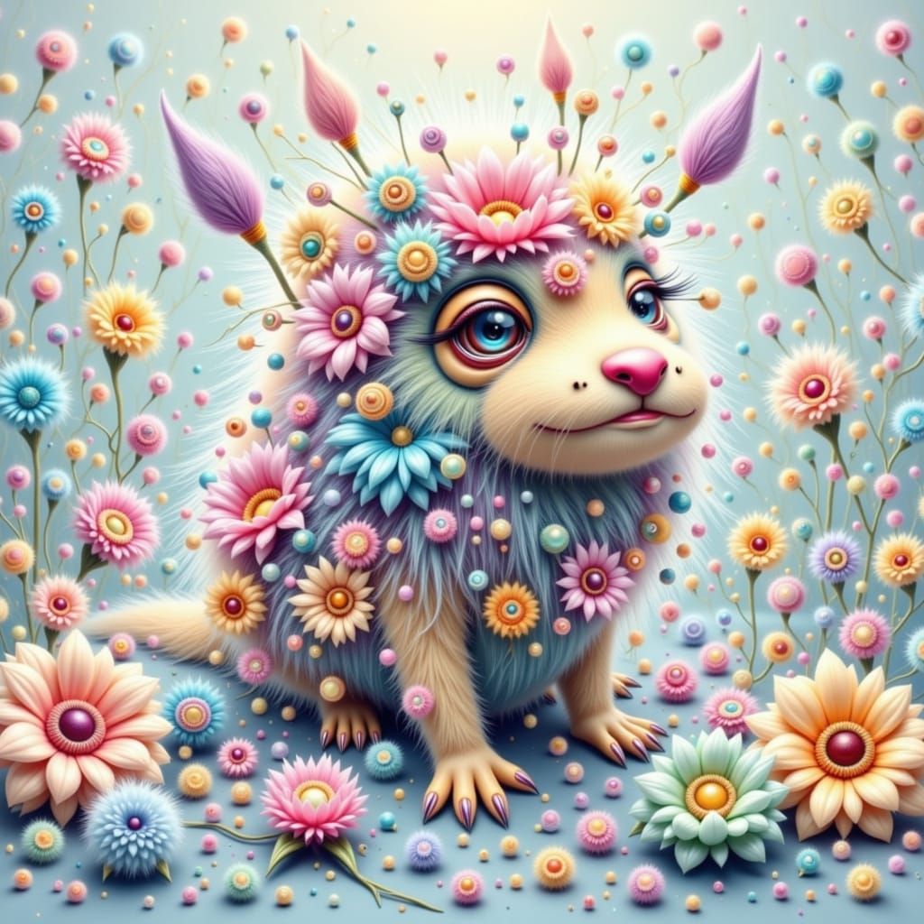 Fluffy Caterpillar in Floral Attire as Illustration