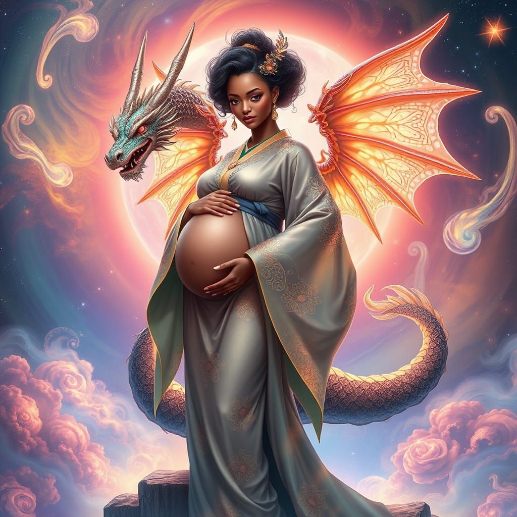 Celestial Goddess: Pregnant Dragon-Angel Hybrid in Dreamlike...