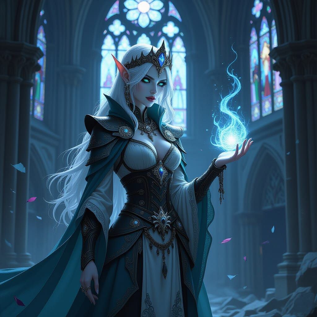 Elven Queen Summons Dragon in Gothic Cathedral