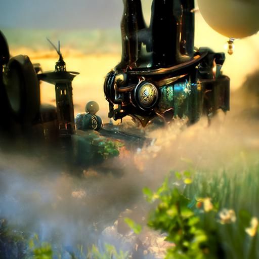 Surreal Steampunk Engine in Ethereal Landscape