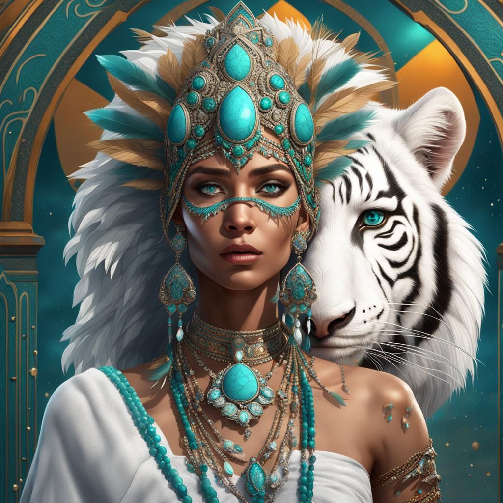Exotic Arabian Queen with White Tiger in Fantasy Art