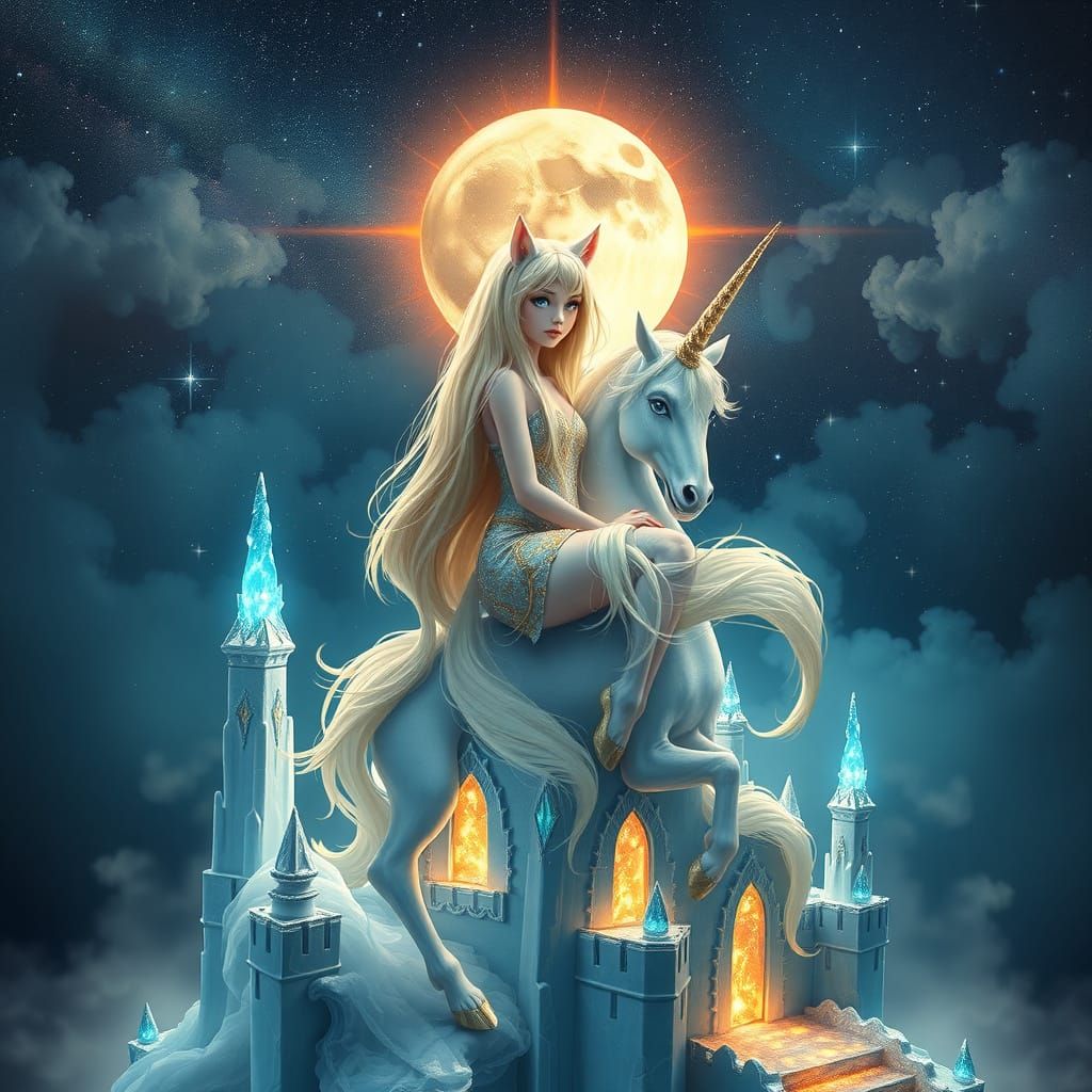 Ethereal Neko Girl in a Celestial Castle of Ice and Water