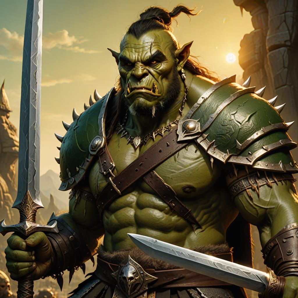 Orc Chieftain Portrait with Sword in Fantasy Illustration