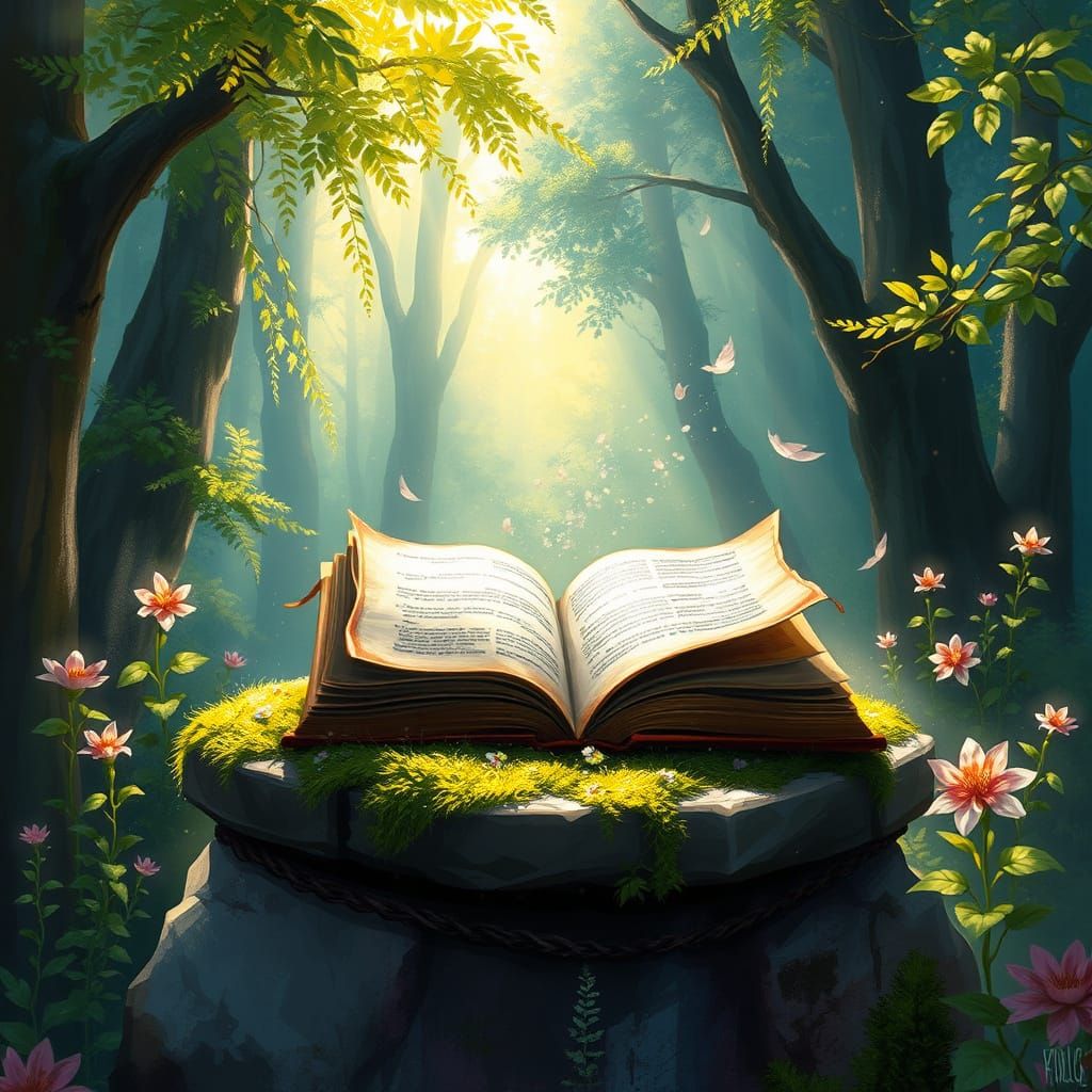 Ancient Book in Enchanted Forest, Fantasy Concept Art