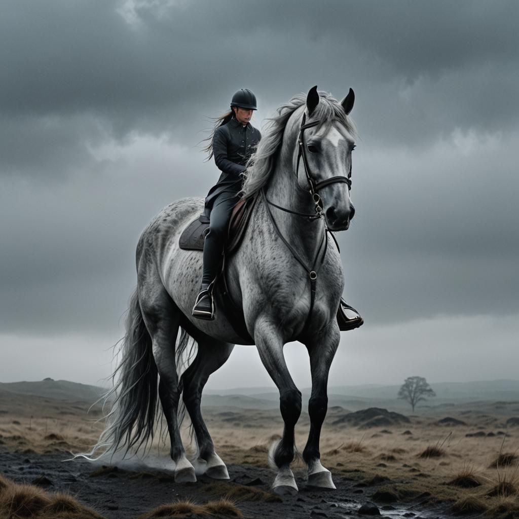Elegant Grey Horse in Bleak Moor: Digital Painting