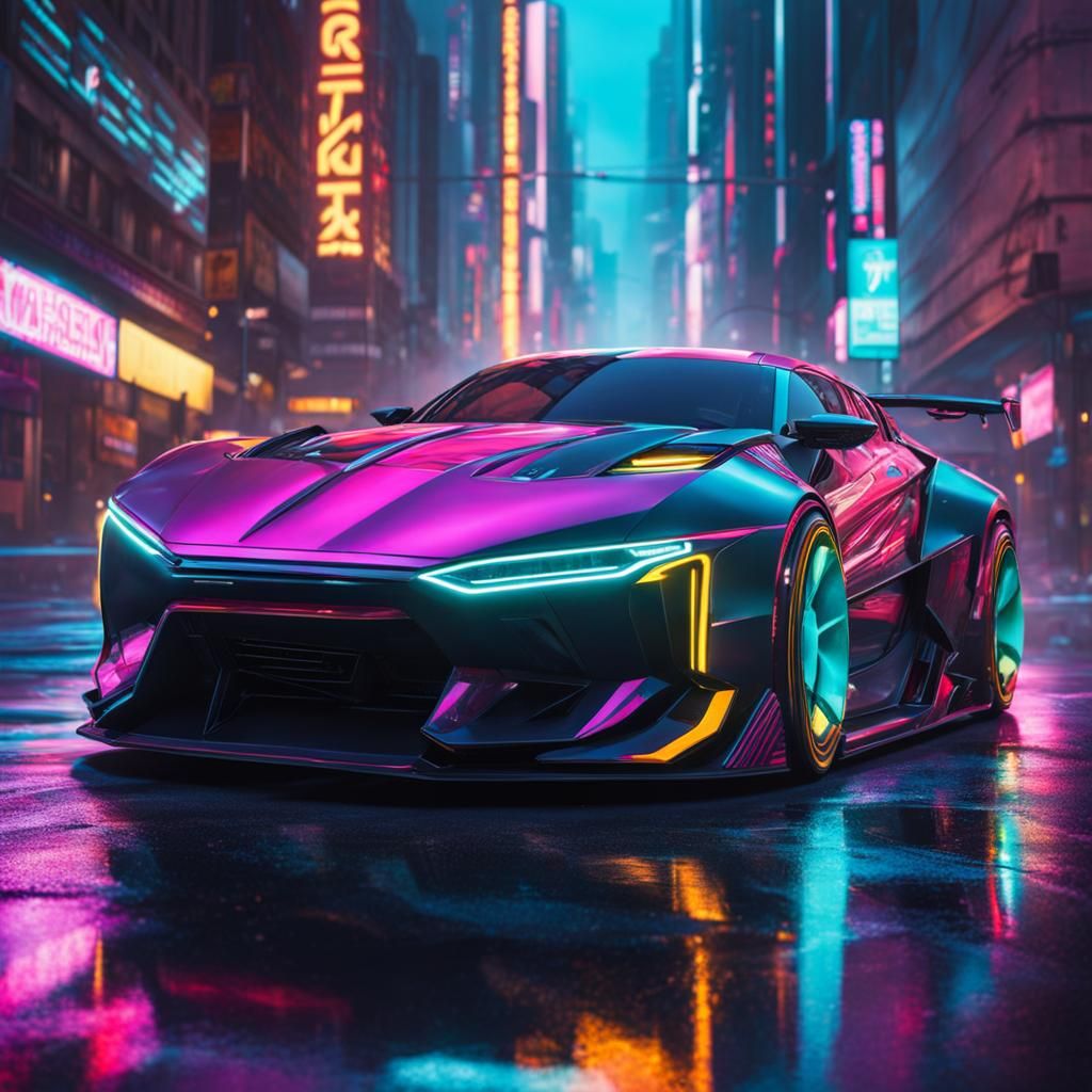 Cyberpunk car (Must be a car). On an urban futuristic street. Hyperrealistic, splash art, concept art, mid shot, intric...