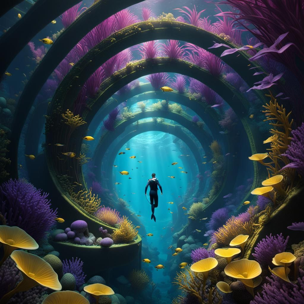 Freediver in Underwater Maze: Dark Fantasy Art