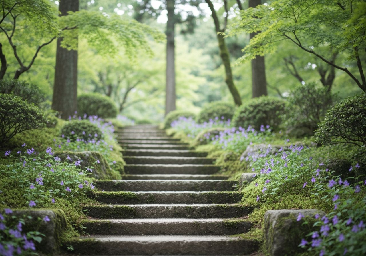 Moss-Covered Stone Staircase with Purple Flowers