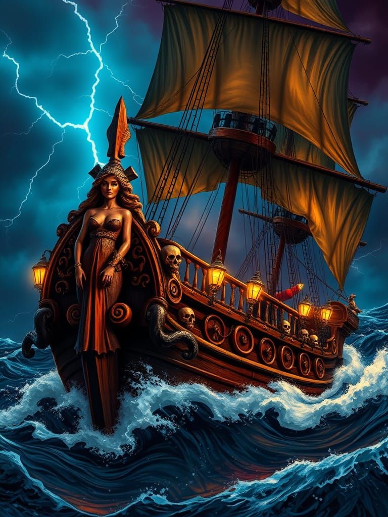Majestic Pirate Ship Rides Midnight Storm