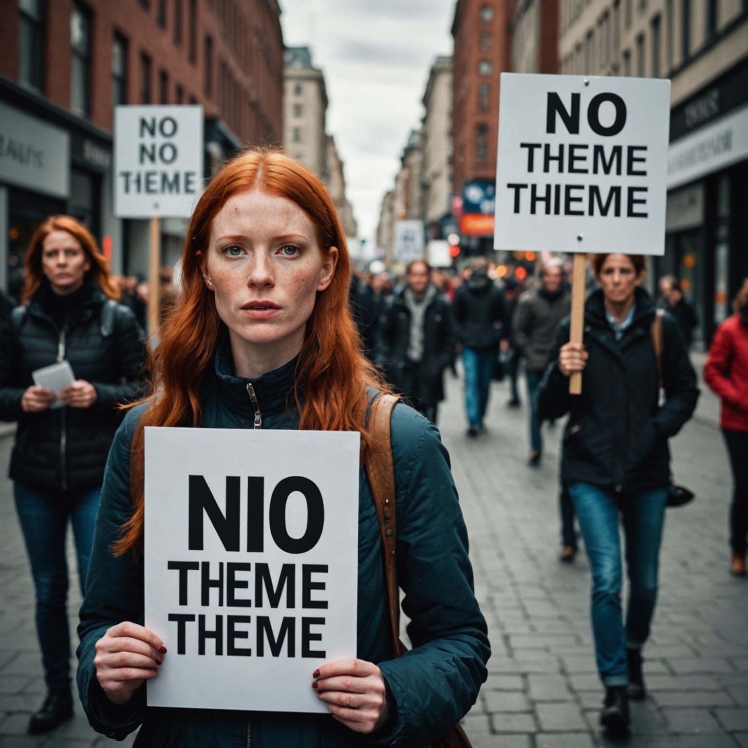Redhead at Street Protest Holding 'No Theme' Sign