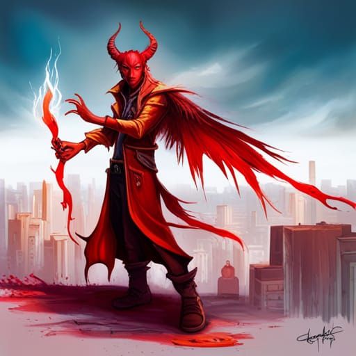 Red-Skinned Tiefling Wizard with Wings in Graffiti Art