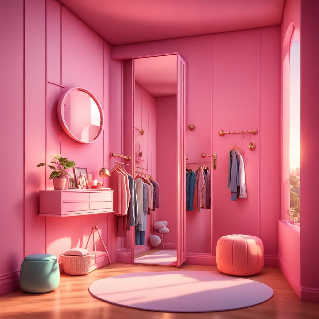 Pink Dressing Room Mirror with Balcony: 3D Digital Art