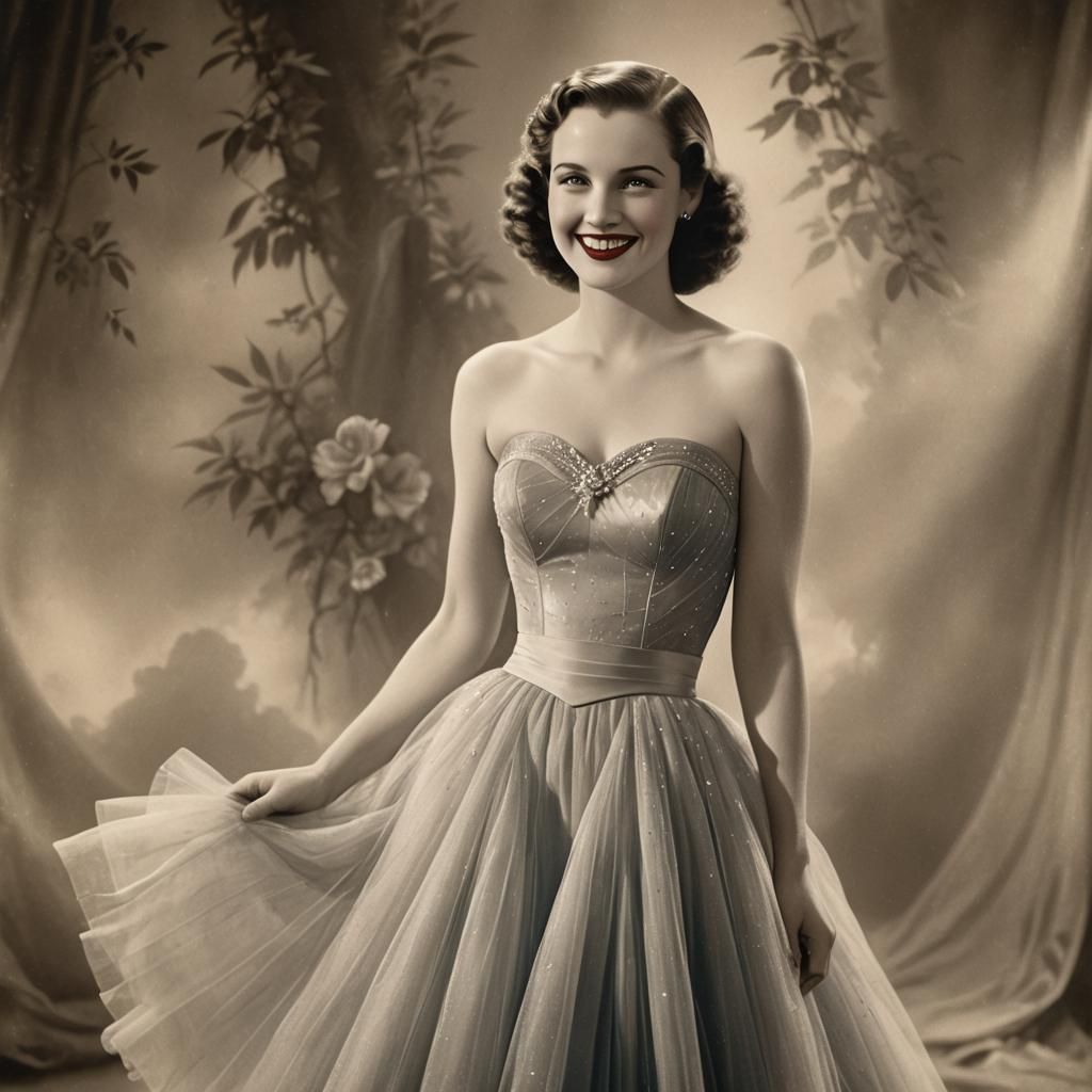 1930s Woman in Tulle Dress Smiling