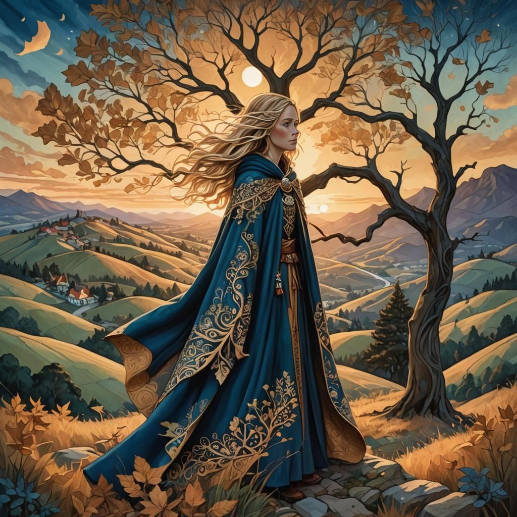 Fantasy Landscape with Mystical Tree, Golden Sunset Hues