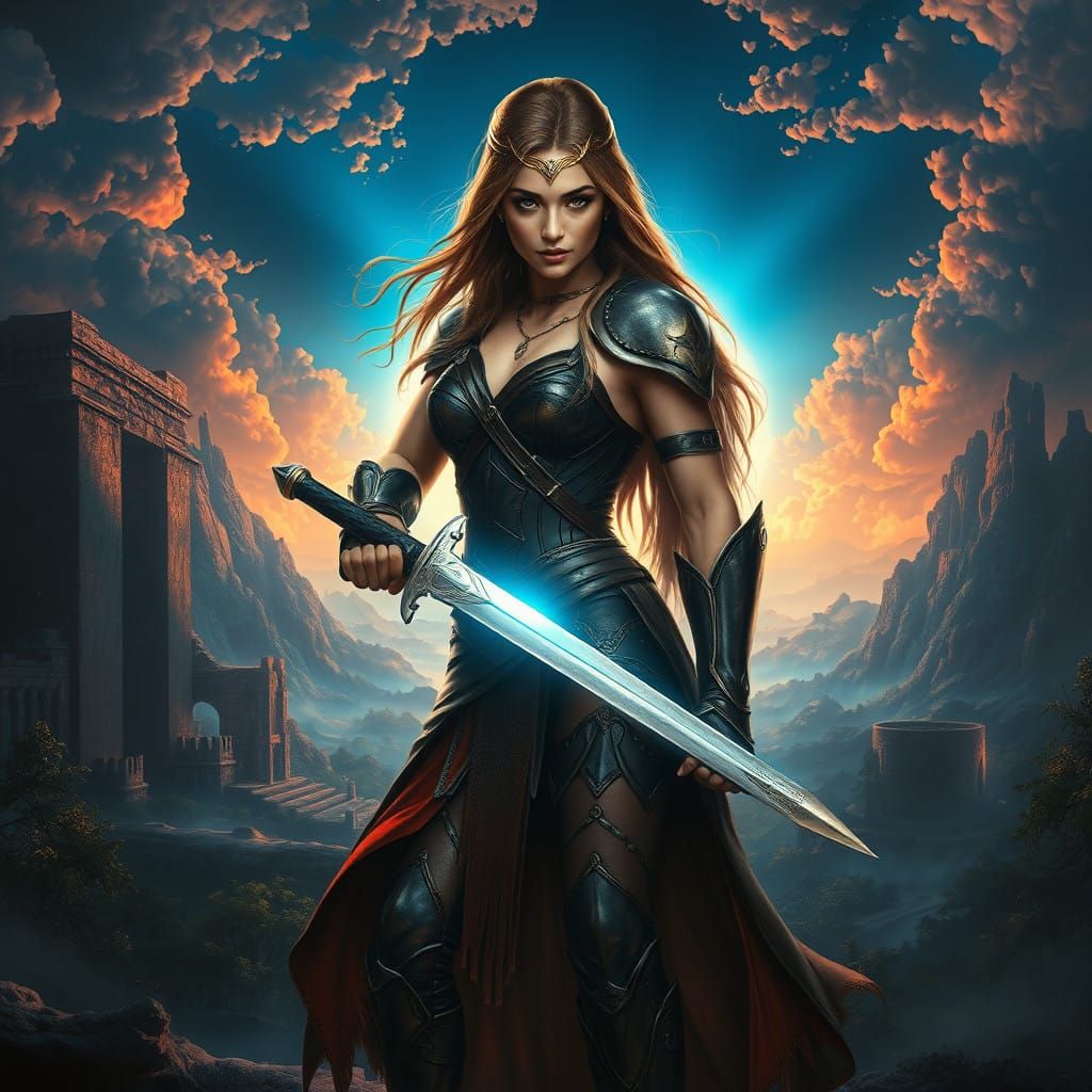 Epic Fantasy Heroine in Ancient Ruins Landscape
