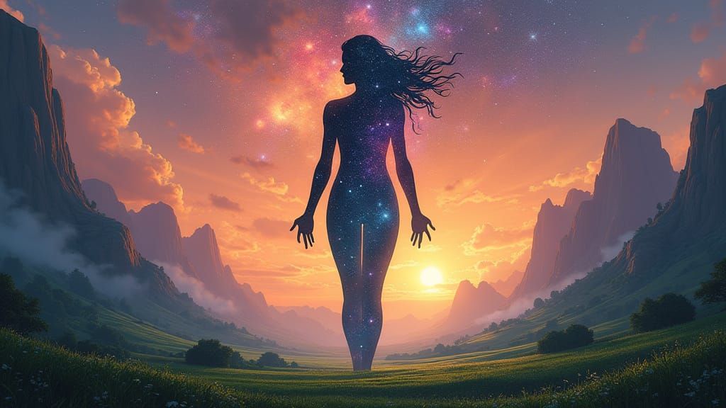Cosmic Deity Silhouette in Lush Landscape