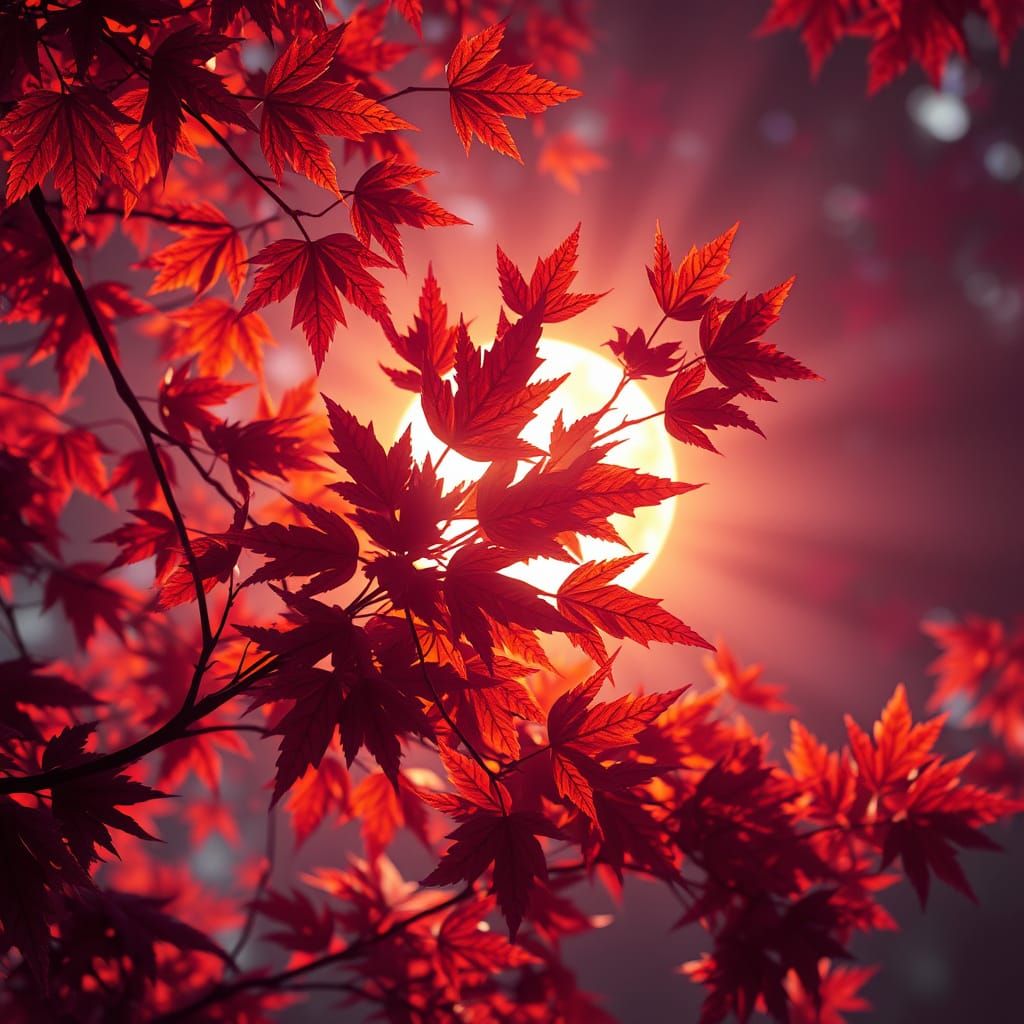 A vibrant, swirling composition of autumn leaves in fiery reds, oranges, and purples radiates around a glowing sun at th...