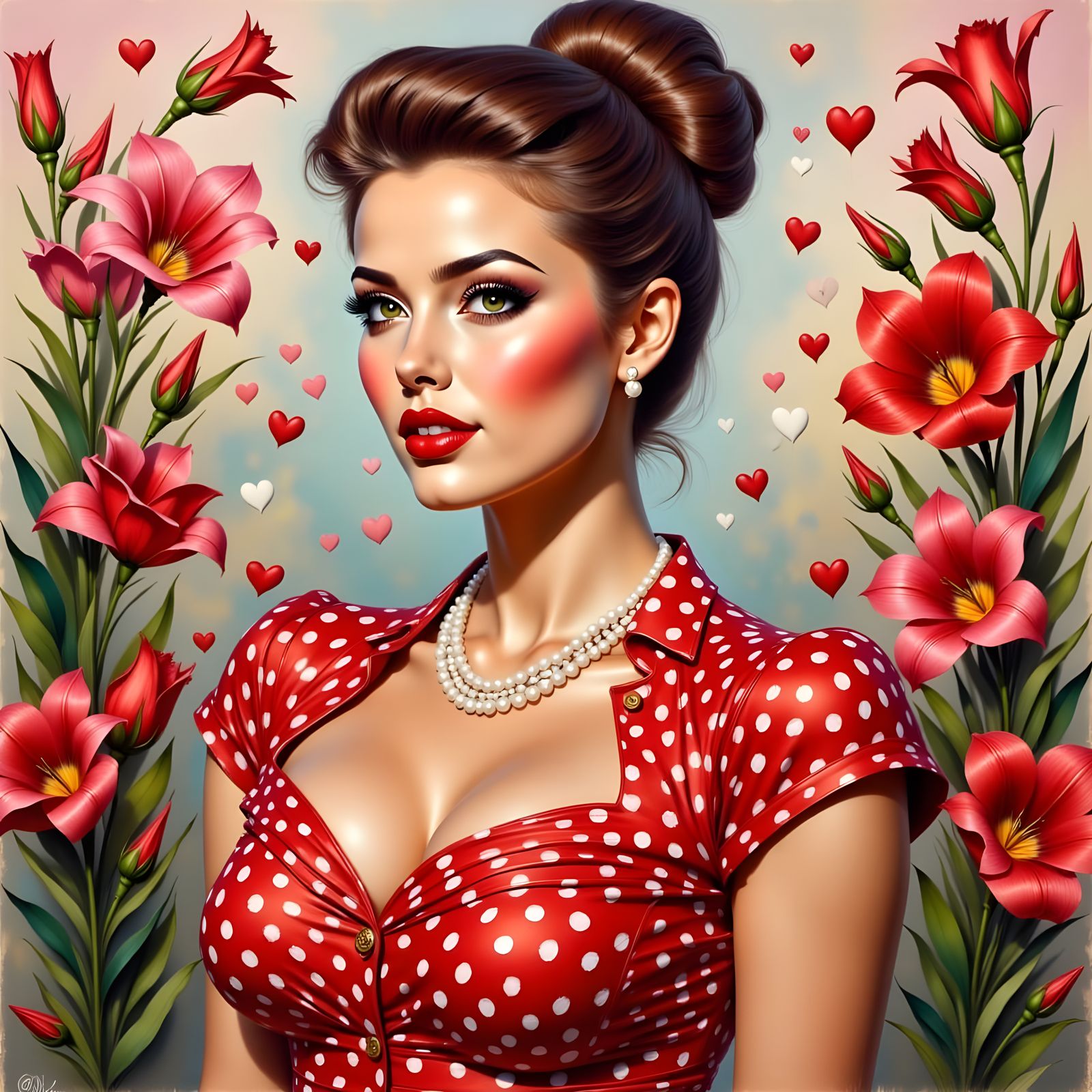 Vintage Woman in Polka Dots, Impasto Painting